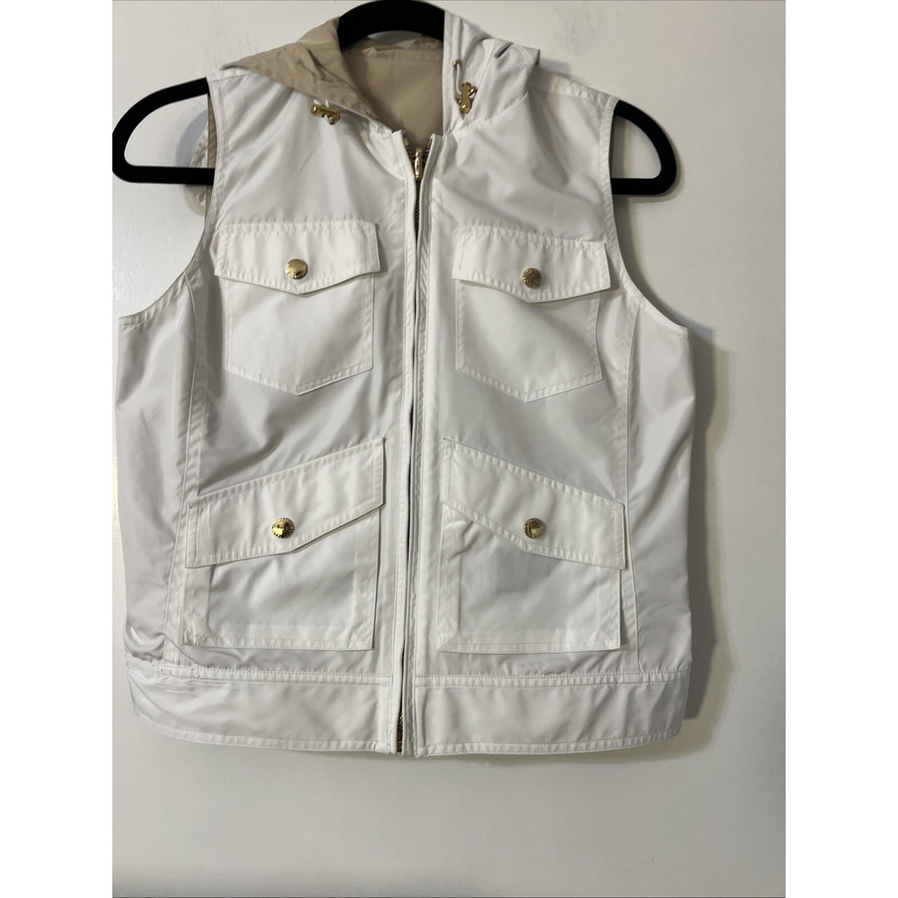 Lauren Ralph Lauren LRL White tan Reversible Vest Exclusive gold zip hood P/P